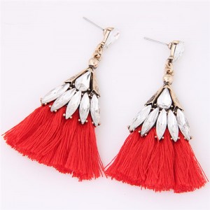 Glistening Glass Gem Embellished Threads Tassel Fashion Stud Earrings - Red