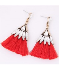 Glistening Glass Gem Embellished Threads Tassel Fashion Stud Earrings - Red