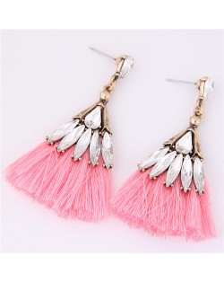 Glistening Glass Gem Embellished Threads Tassel Fashion Stud Earrings - Pink