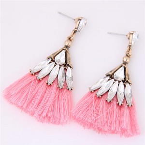 Glistening Glass Gem Embellished Threads Tassel Fashion Stud Earrings - Pink