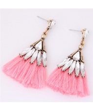 Glistening Glass Gem Embellished Threads Tassel Fashion Stud Earrings - Pink