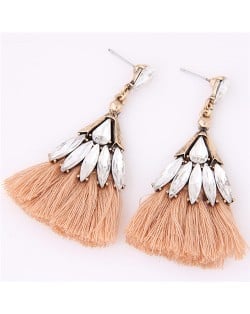 Glistening Glass Gem Embellished Threads Tassel Fashion Stud Earrings - Khaki