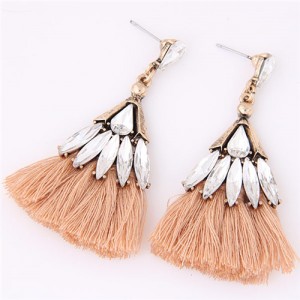 Glistening Glass Gem Embellished Threads Tassel Fashion Stud Earrings - Khaki