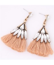 Glistening Glass Gem Embellished Threads Tassel Fashion Stud Earrings - Khaki
