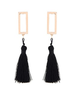 Simple Hollow Rectangular Cotton Threads Tassel Design Stud Earrings - Black