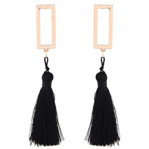 Simple Hollow Rectangular Cotton Threads Tassel Design Stud Earrings - Black