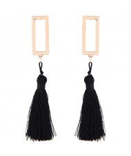 Simple Hollow Rectangular Cotton Threads Tassel Design Stud Earrings - Black