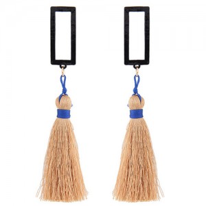 Simple Hollow Rectangular Cotton Threads Tassel Design Stud Earrings - Light Brown