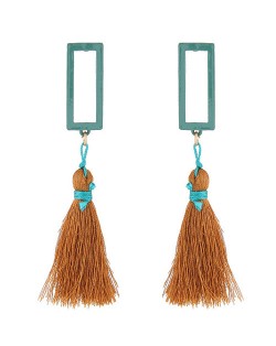 Simple Hollow Rectangular Cotton Threads Tassel Design Stud Earrings - Dark Brown