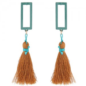 Simple Hollow Rectangular Cotton Threads Tassel Design Stud Earrings - Dark Brown