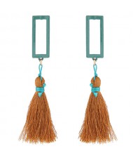 Simple Hollow Rectangular Cotton Threads Tassel Design Stud Earrings - Dark Brown