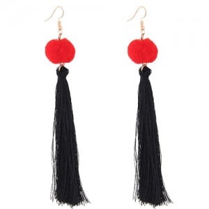 Fluffy Ball Threads Tassel Design High Fashion Earrings - Black