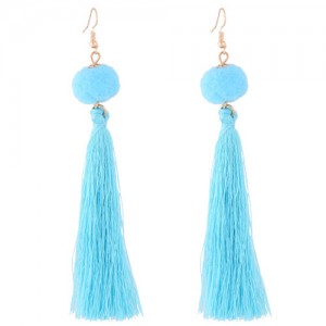 Fluffy Ball Threads Tassel Design High Fashion Earrings - Blue