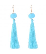 Fluffy Ball Threads Tassel Design High Fashion Earrings - Blue