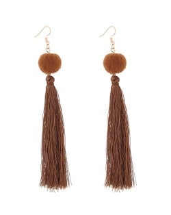 Fluffy Ball Threads Tassel Design High Fashion Earrings - Coffee