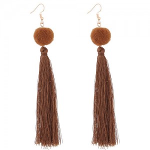 Fluffy Ball Threads Tassel Design High Fashion Earrings - Coffee