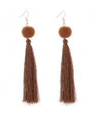 Fluffy Ball Threads Tassel Design High Fashion Earrings - Coffee