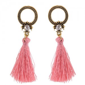 Vintage Studs Hoop Design with Threads Tassel Fashion Earrings - Pink