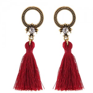 Vintage Studs Hoop Design with Threads Tassel Fashion Earrings - Red