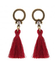 Vintage Studs Hoop Design with Threads Tassel Fashion Earrings - Red