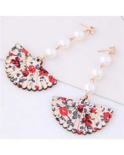 Floral Prints Folding Fan Style Fair Lady Pearl Fashion Stud Earrings - Red