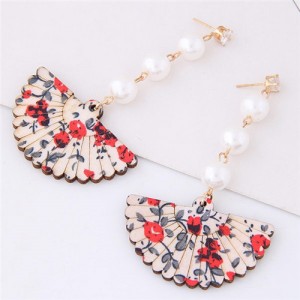 Floral Prints Folding Fan Style Fair Lady Pearl Fashion Stud Earrings - Red