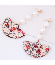 Floral Prints Folding Fan Style Fair Lady Pearl Fashion Stud Earrings - Red