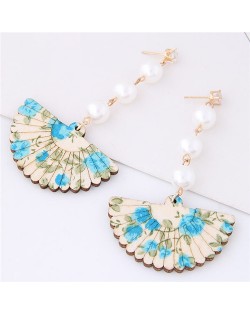 Floral Prints Folding Fan Style Fair Lady Pearl Fashion Stud Earrings - Blue