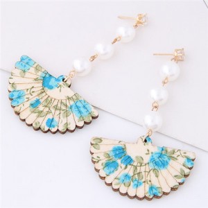Floral Prints Folding Fan Style Fair Lady Pearl Fashion Stud Earrings - Blue