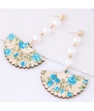 Floral Prints Folding Fan Style Fair Lady Pearl Fashion Stud Earrings - Blue