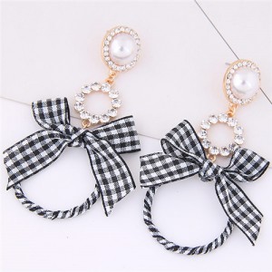 Pearl and Rhinestone Embellished Cloth Bowknot Korean Fashion Stud Earrings