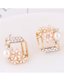 Czech Rhinestone Inlaid Daisy Embellished Cube Fashion Earrings - Golden