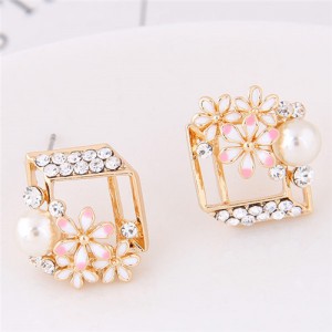 Czech Rhinestone Inlaid Daisy Embellished Cube Fashion Earrings - Golden