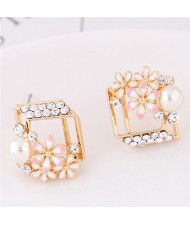 Czech Rhinestone Inlaid Daisy Embellished Cube Fashion Earrings - Golden