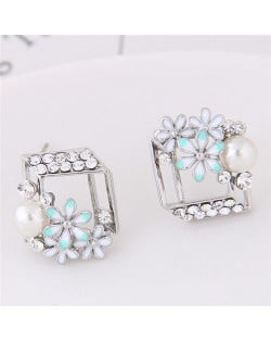 Czech Rhinestone Inlaid Daisy Embellished Cube Fashion Earrings - Silver
