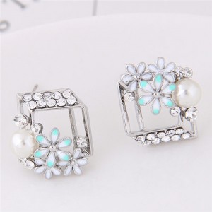 Czech Rhinestone Inlaid Daisy Embellished Cube Fashion Earrings - Silver