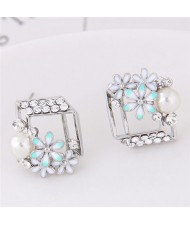 Czech Rhinestone Inlaid Daisy Embellished Cube Fashion Earrings - Silver