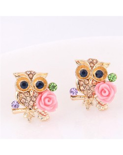 Night Owl and Flower Design Golden Fashion Earrings