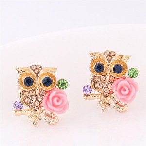 Night Owl and Flower Design Golden Fashion Earrings
