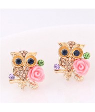 Night Owl and Flower Design Golden Fashion Earrings