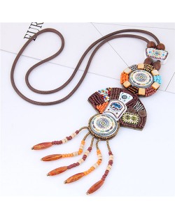 Mini Beads Mingled Floral Prints with Beads Tassel Folk Style Long Fashion Necklace