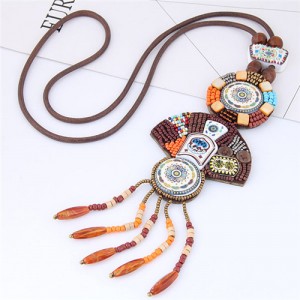 Mini Beads Mingled Floral Prints with Beads Tassel Folk Style Long Fashion Necklace
