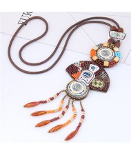Mini Beads Mingled Floral Prints with Beads Tassel Folk Style Long Fashion Necklace