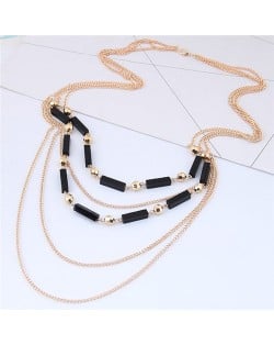Beads and Triple Layers Chain Combo Design High Fashion Statement Necklace - Golden