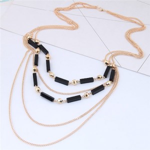 Beads and Triple Layers Chain Combo Design High Fashion Statement Necklace - Golden
