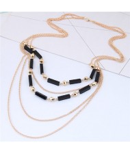 Beads and Triple Layers Chain Combo Design High Fashion Statement Necklace - Golden