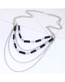 Beads and Triple Layers Chain Combo Design High Fashion Statement Necklace - Silver