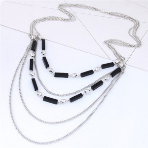 Beads and Triple Layers Chain Combo Design High Fashion Statement Necklace - Silver