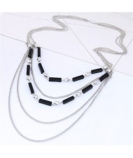 Beads and Triple Layers Chain Combo Design High Fashion Statement Necklace - Silver