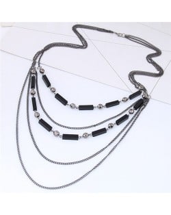 Beads and Triple Layers Chain Combo Design High Fashion Statement Necklace - Gun Black